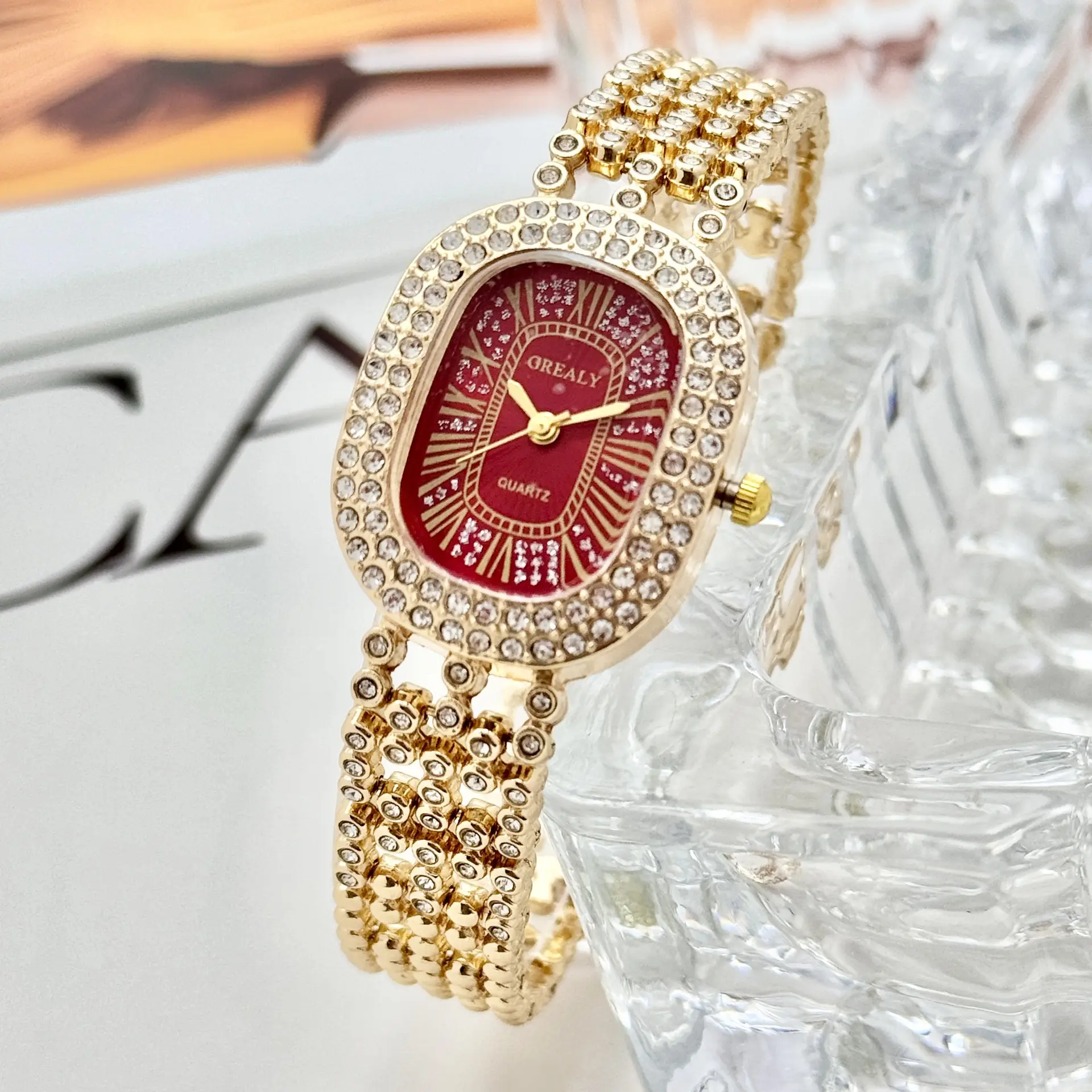 Gold Diamond Studded Women's Watch with Roman Numeral — feature 12