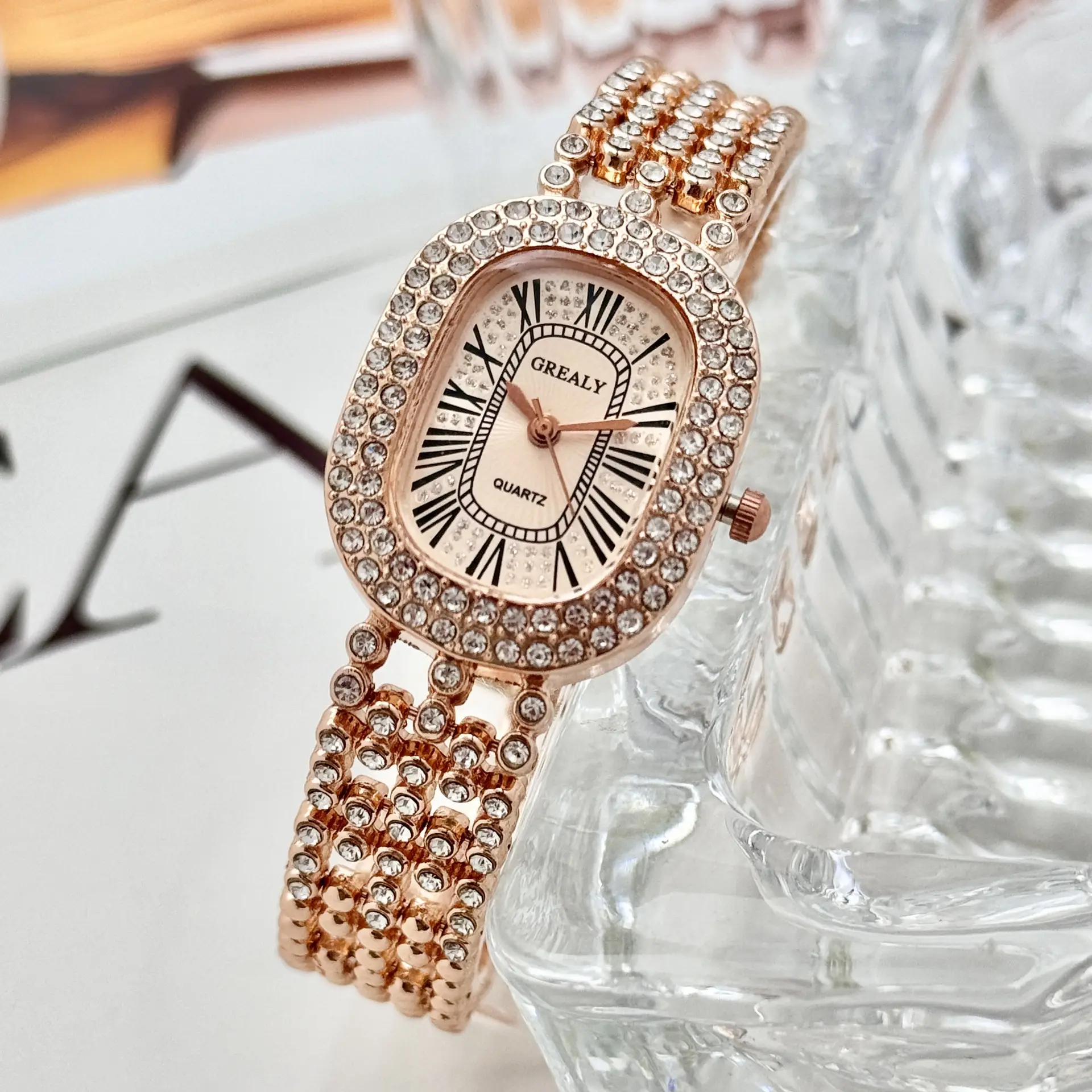 Gold Diamond Studded Women's Watch with Roman Numeral — feature 15
