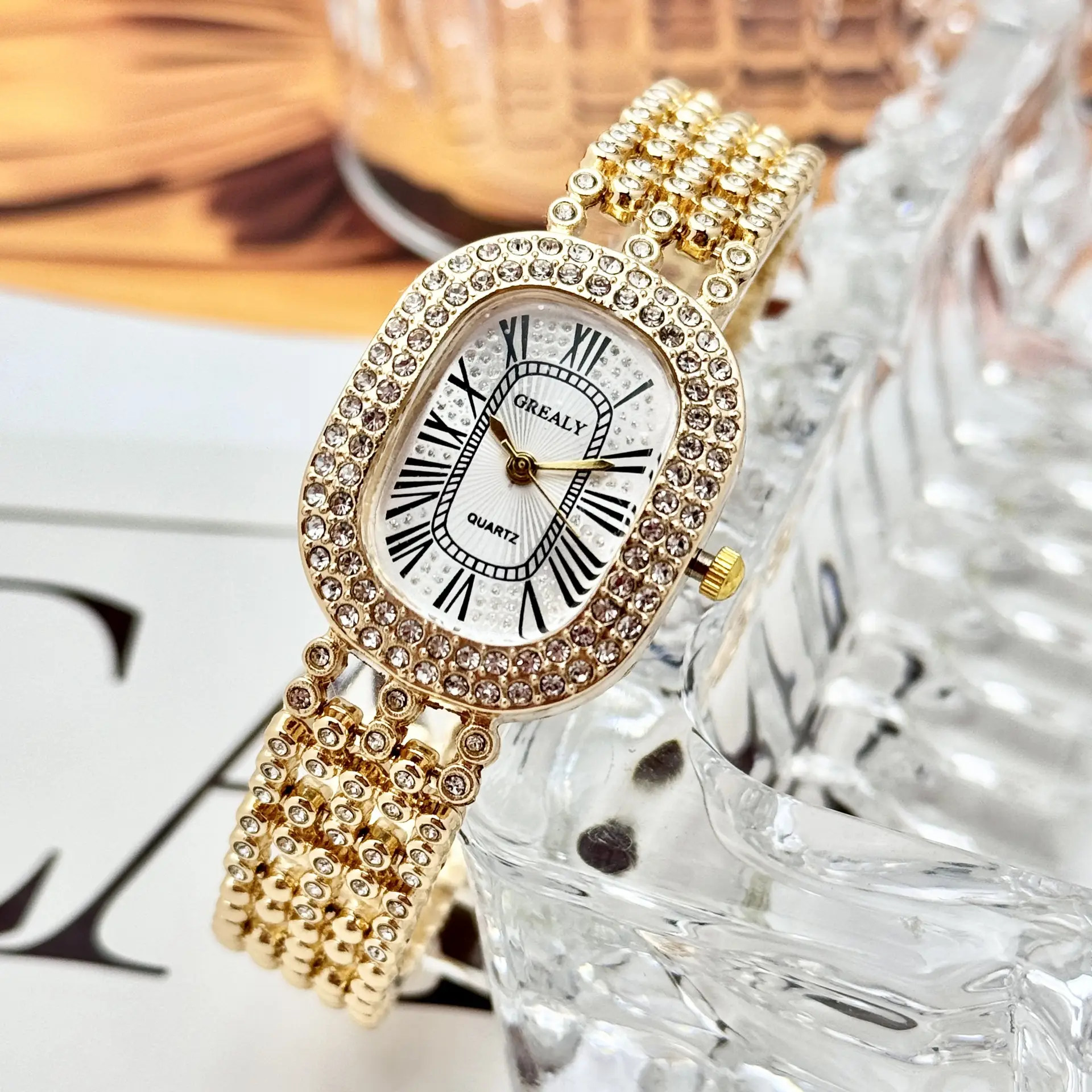 Gold Diamond Studded Women's Watch with Roman Numeral — feature 5