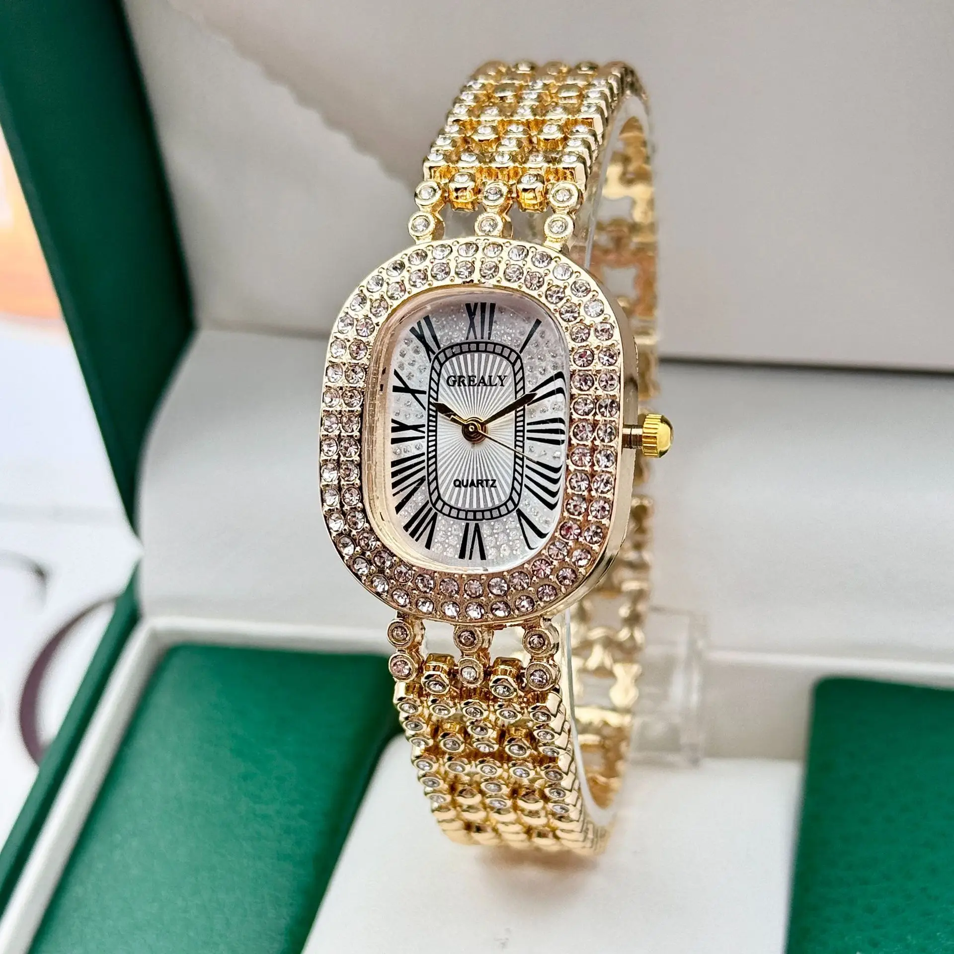Gold Diamond Studded Women's Watch with Roman Numeral — feature 6