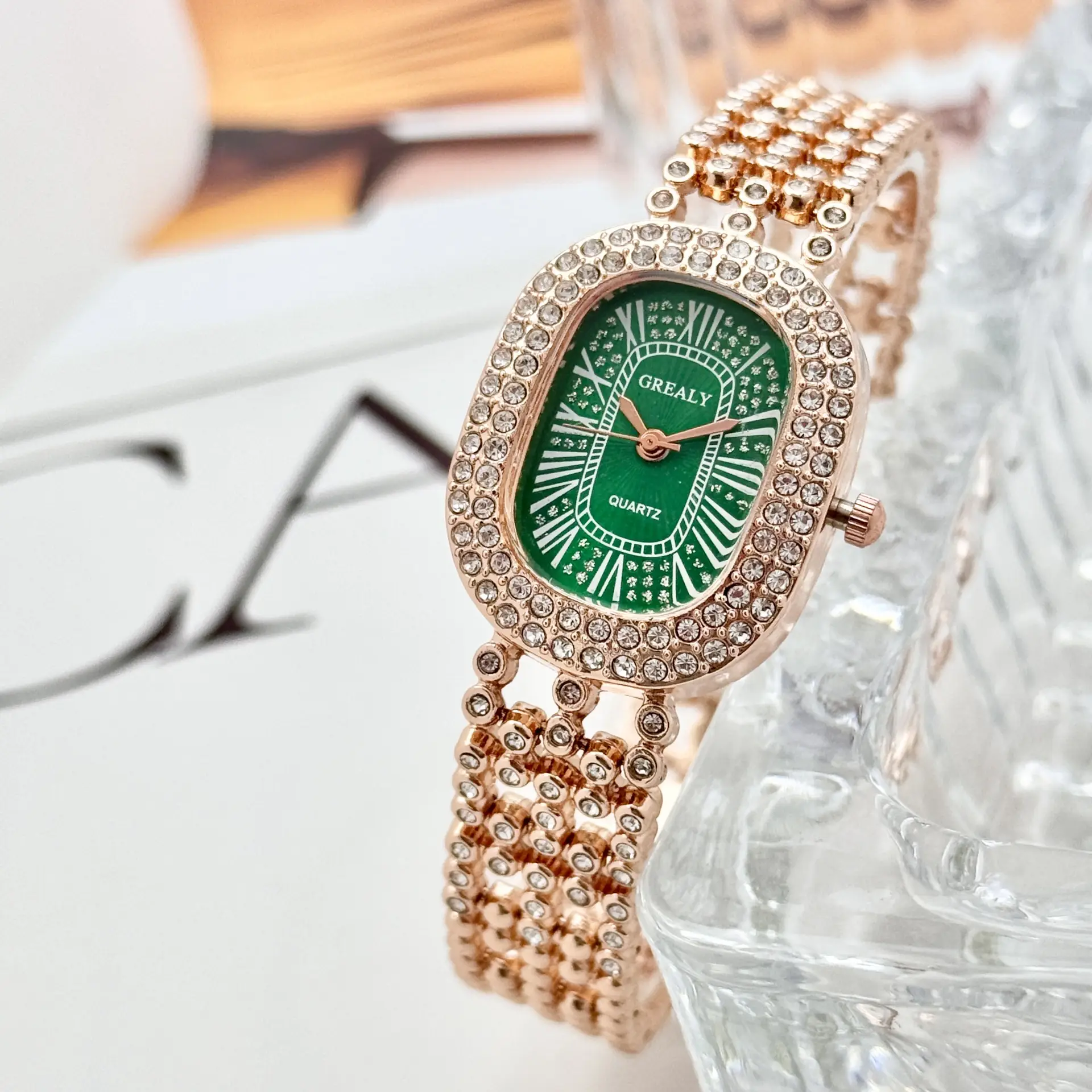 Gold Diamond Studded Women's Watch with Roman Numeral - Image 9