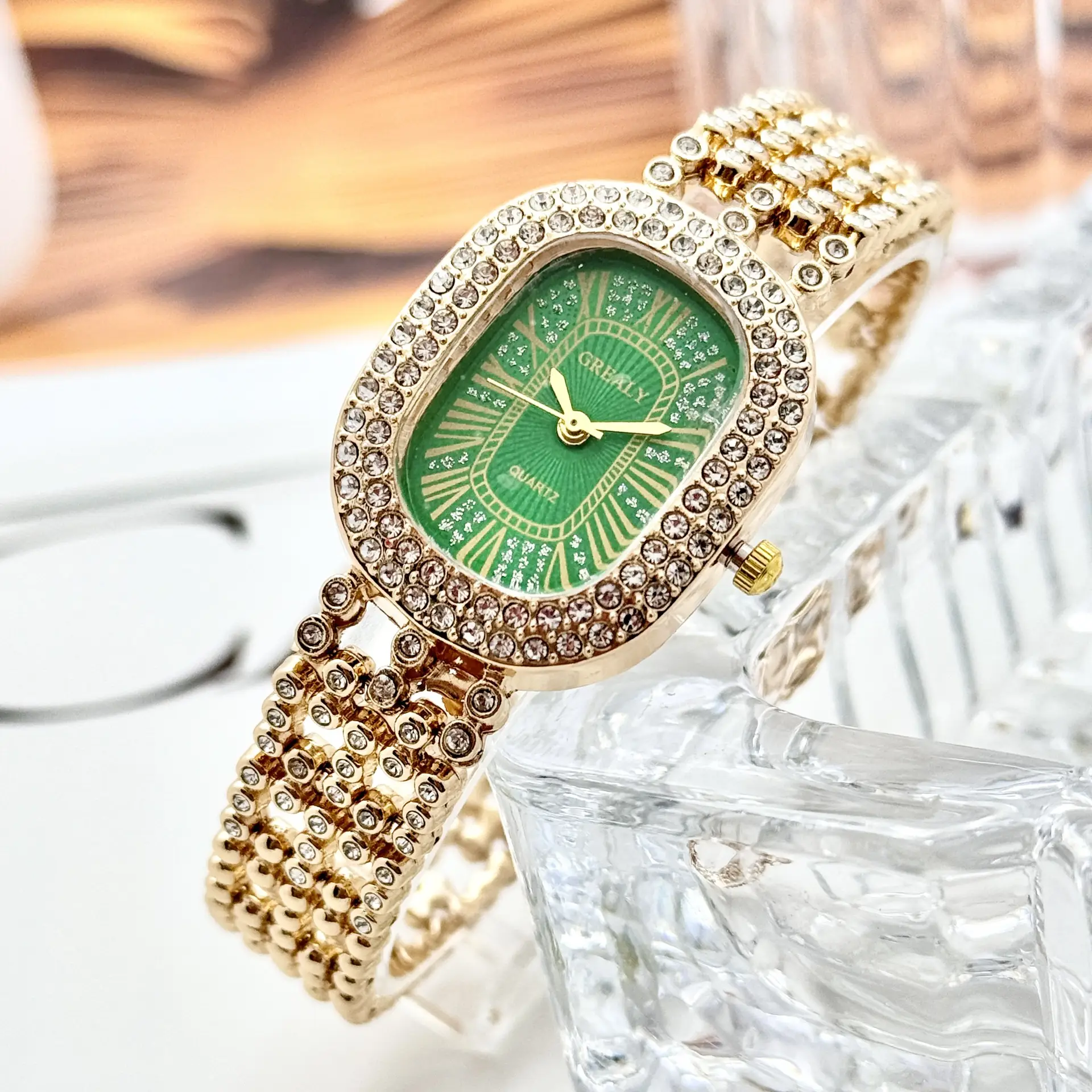 Gold Diamond Studded Women's Watch with Roman Numeral - Image 4