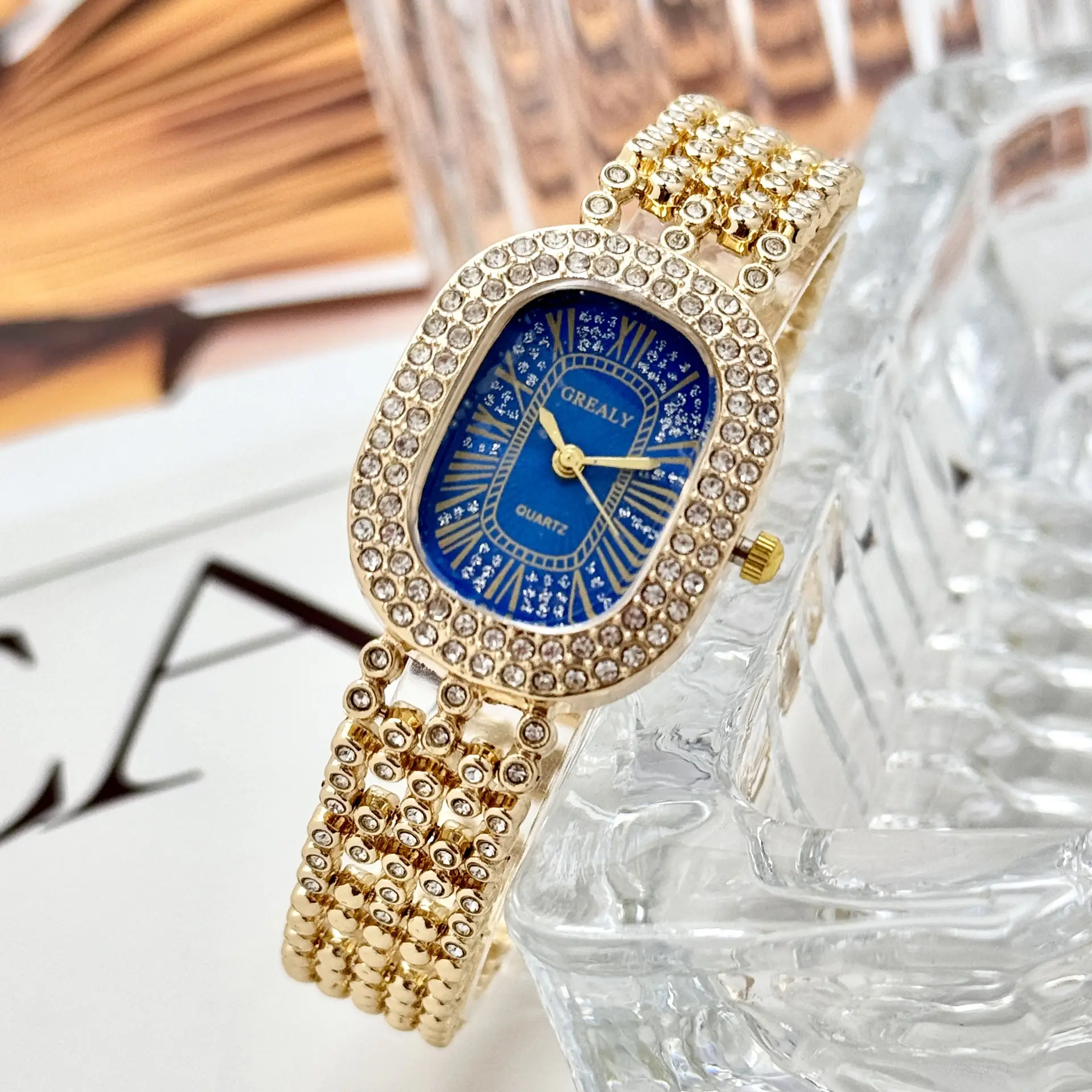 Gold Diamond Studded Women's Watch with Roman Numeral - Image 5