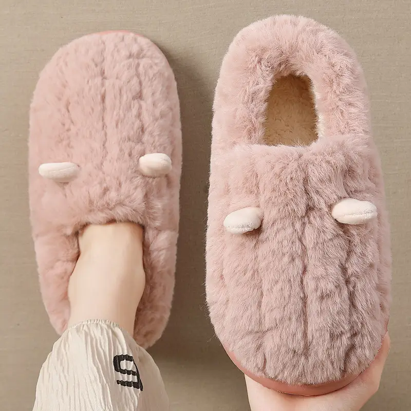 Cute cotton slippers women's winter small ears plush fleece-lined thick bag with men's winter cotton slippers men's winter wholesale - Image 6