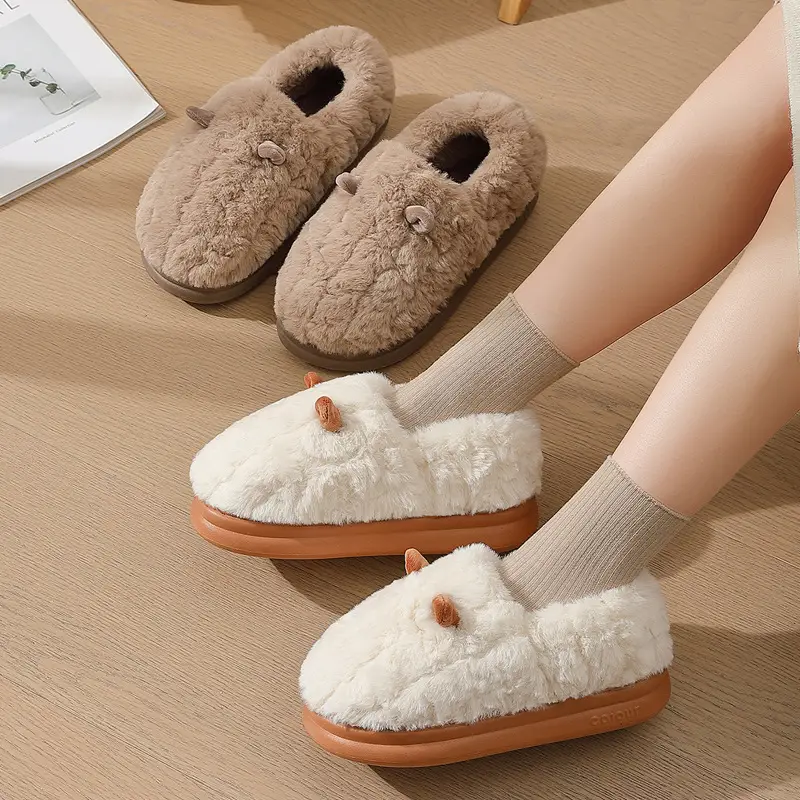 Cute cotton slippers women's winter small ears plush fleece-lined thick bag with men's winter cotton slippers men's winter wholesale - Image 8