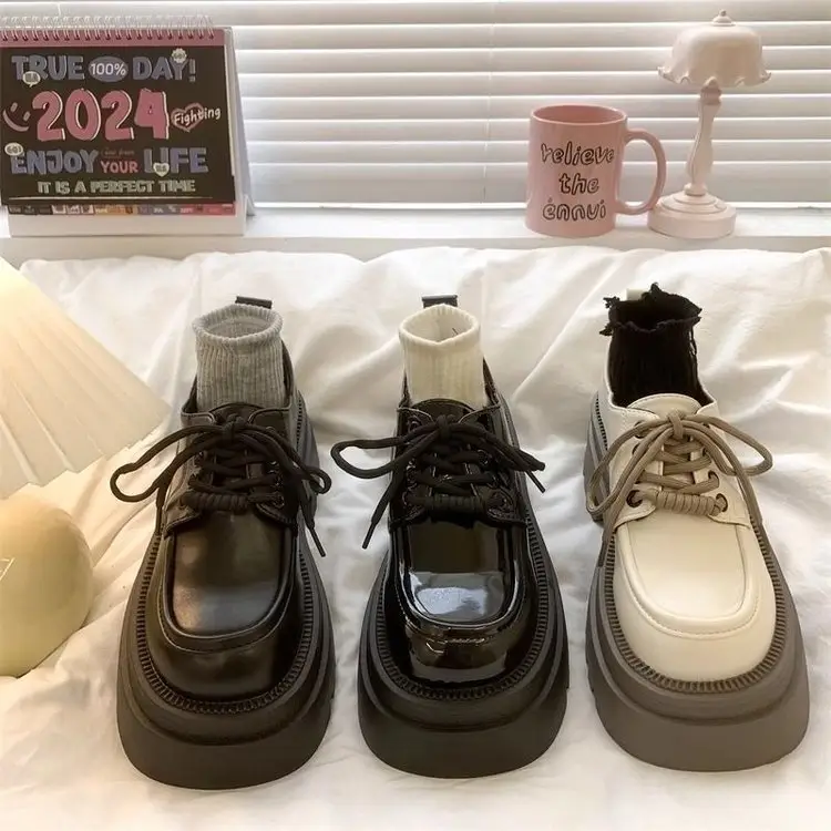 Women's Black Leather Lace-up Shoes with Skirt 2024 - Image 7