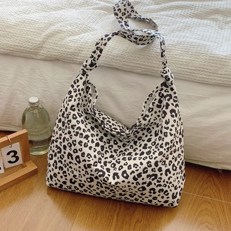 Leopard Print Fleece Shoulder Bag for Women Large Capacity