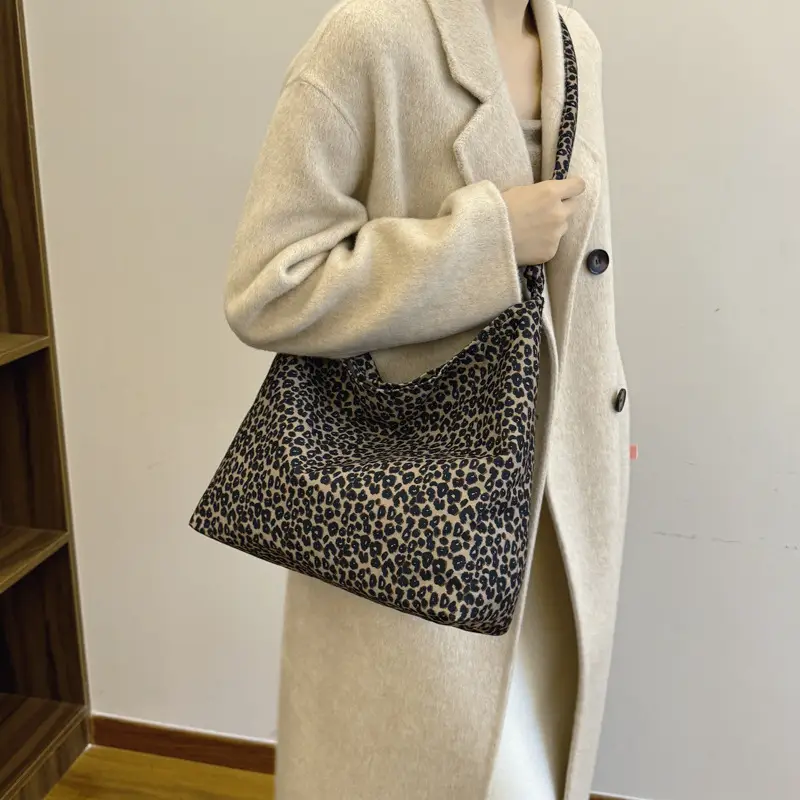 Leopard Print Fleece Shoulder Bag for Women Large Capacity