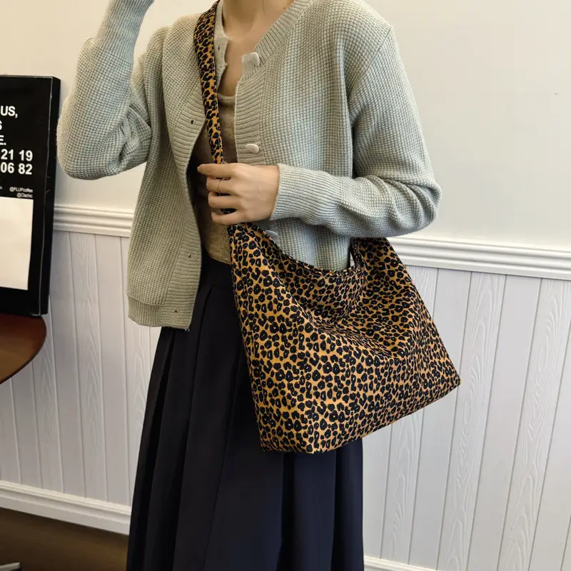 Leopard Print Fleece Shoulder Bag for Women Large Capacity