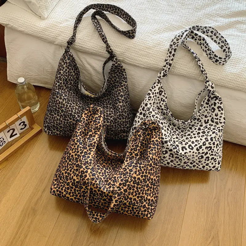 Leopard Print Fleece Shoulder Bag for Women Large Capacity