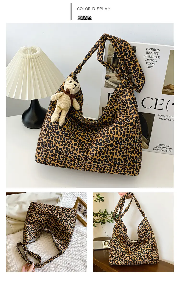 Leopard Print Fleece Shoulder Bag for Women Large Capacity — feature 19