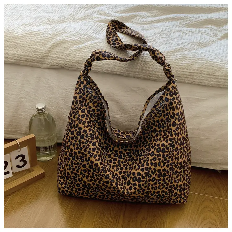 Leopard Print Fleece Shoulder Bag for Women Large Capacity