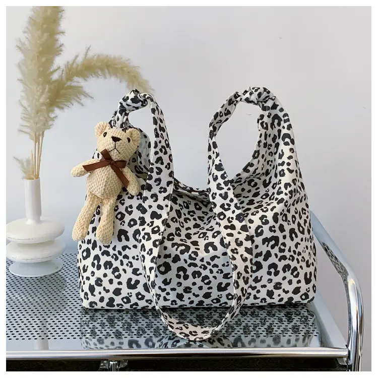 Leopard Print Fleece Shoulder Bag for Women Large Capacity