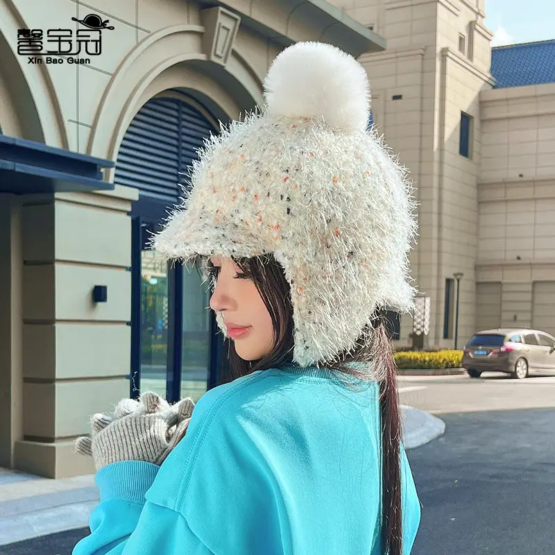 Winter Plush Fur Baseball Cap with Pom Pom for Women - Image 6