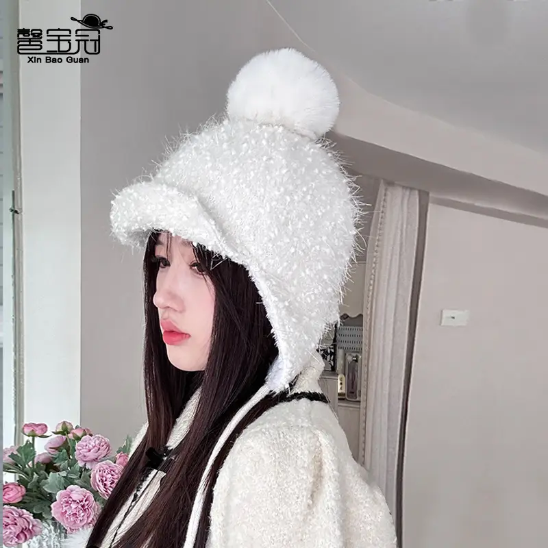 Winter Plush Fur Baseball Cap with Pom Pom for Women - Image 7