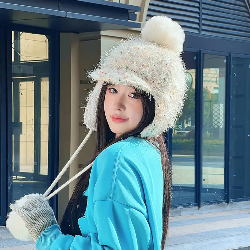 Winter Plush Fur Baseball Cap with Pom Pom for Women - Image 2