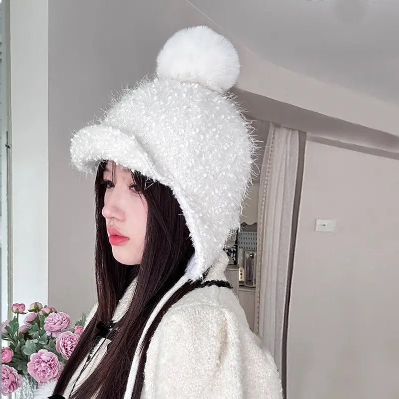Winter Plush Fur Baseball Cap with Pom Pom for Women - Image 3