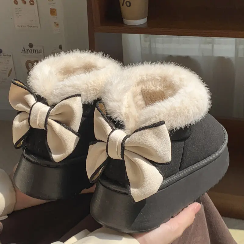 New Mao Mouth Bag with Bow Cotton Shoes Women's Winter Thick Sole Increased All-match fleece-lined Warm Snow Boots for Outer Wear - Image 3