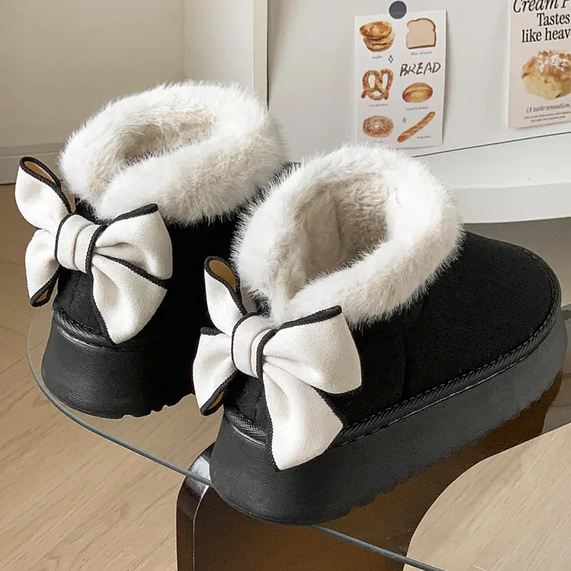 Thick-soled cotton slippers women's autumn and winter indoor warm fleece-lined snow boots outerwear home bow full-heel cotton shoes