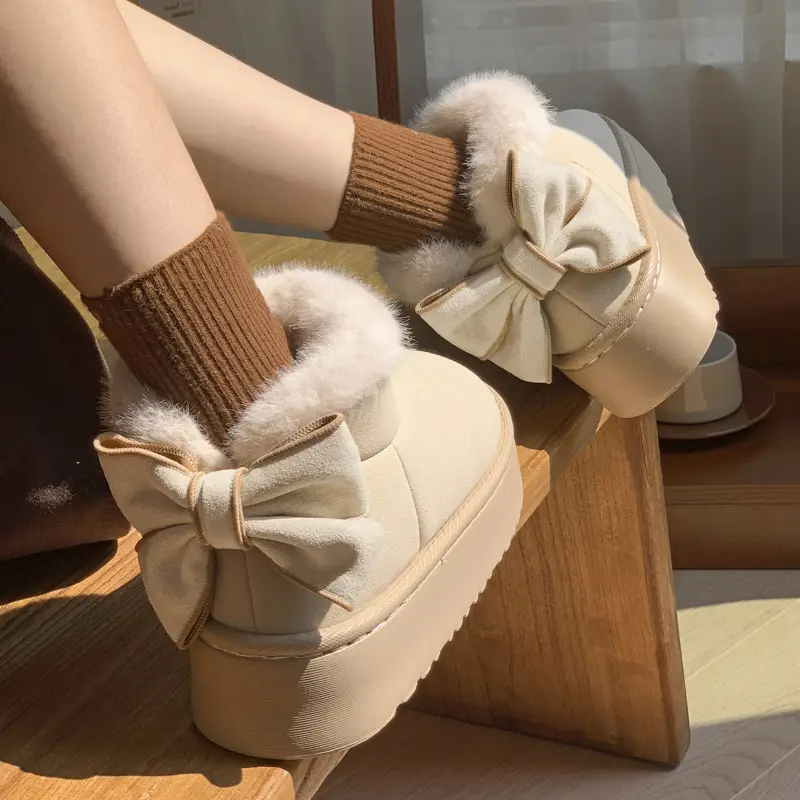 Thick-soled cotton slippers women's autumn and winter indoor warm fleece-lined snow boots outerwear home bow full-heel cotton shoes