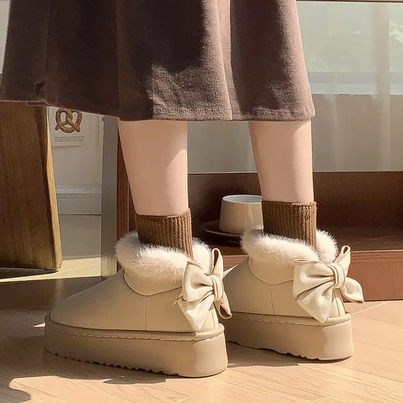 Thick-soled cotton slippers women's autumn and winter indoor warm fleece-lined snow boots outerwear home bow full-heel cotton shoes