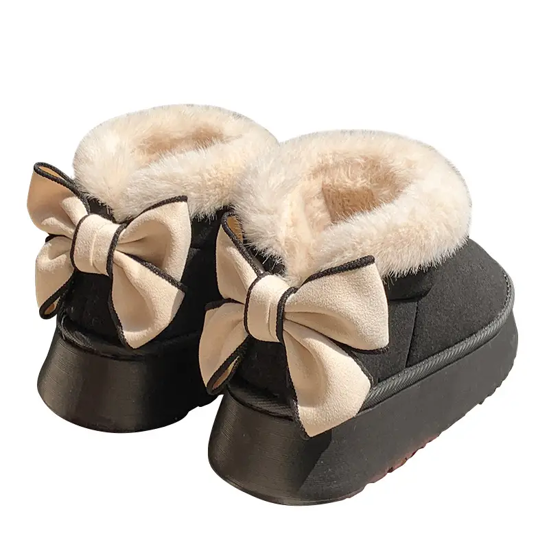 Thick-soled cotton slippers women's autumn and winter indoor warm fleece-lined snow boots outerwear home bow full-heel cotton shoes