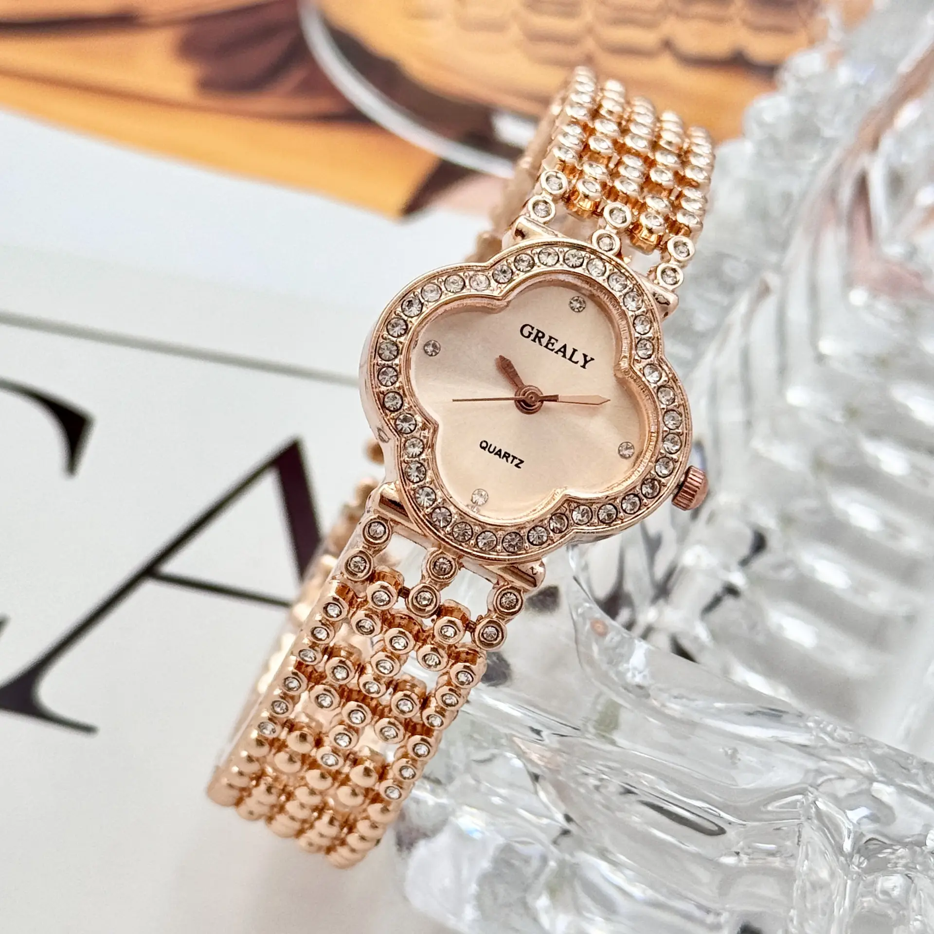 Grealty Women's Diamond Watch Gold Crystal Band - Image 11