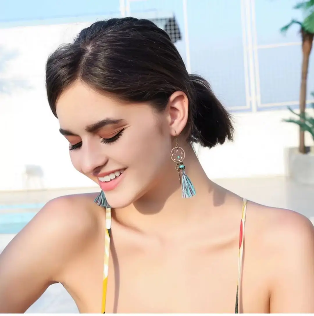 Bohemian Turquoise Earrings European and American Retro Owl Geometric Dreamcatcher Feather Tassel Earrings Women — feature 34