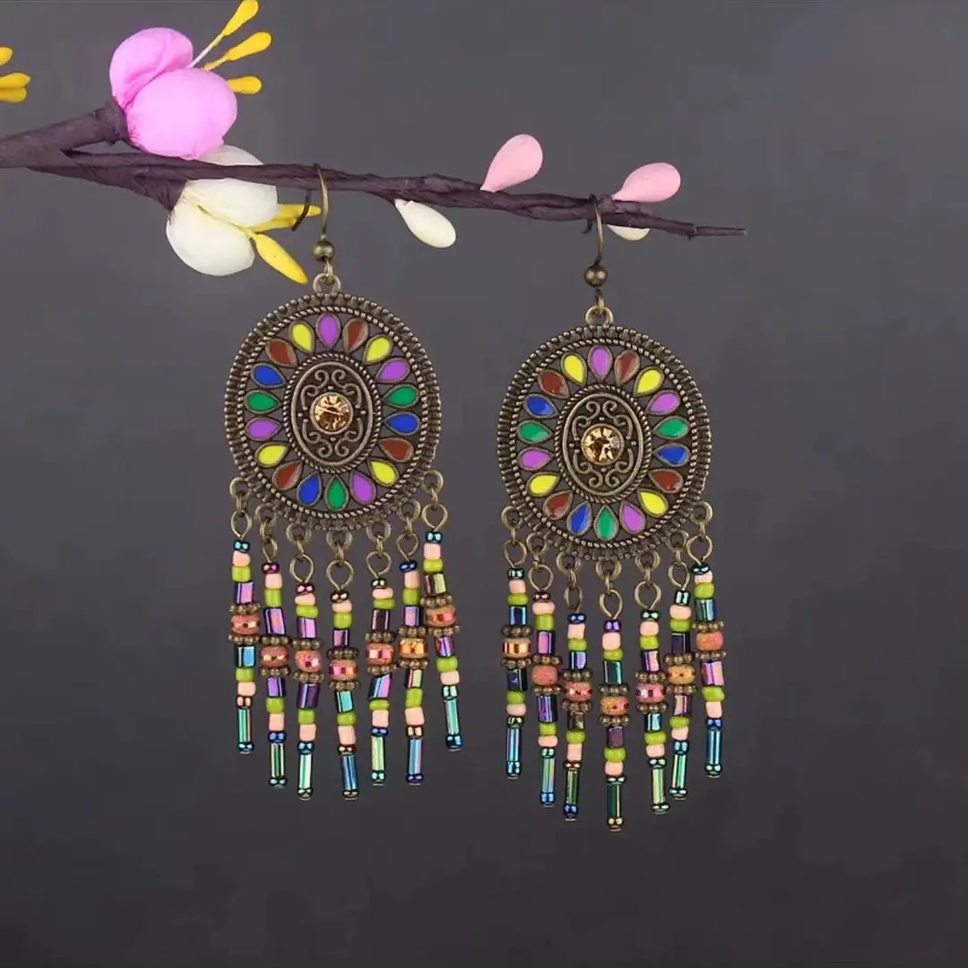 Bohemian Turquoise Earrings European and American Retro Owl Geometric Dreamcatcher Feather Tassel Earrings Women