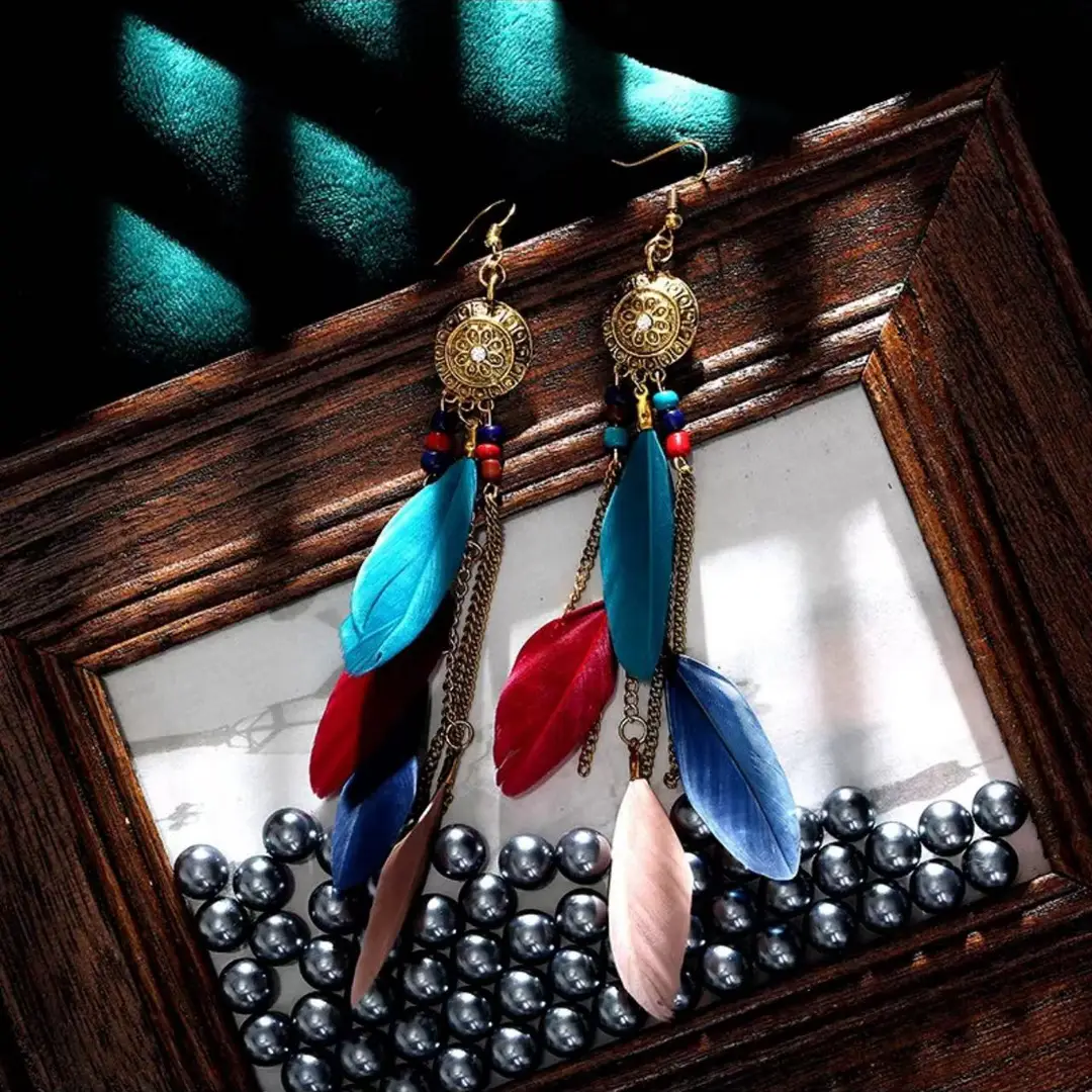 Bohemian Turquoise Earrings European and American Retro Owl Geometric Dreamcatcher Feather Tassel Earrings Women