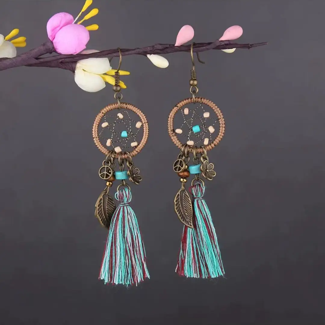 Bohemian Turquoise Earrings European and American Retro Owl Geometric Dreamcatcher Feather Tassel Earrings Women