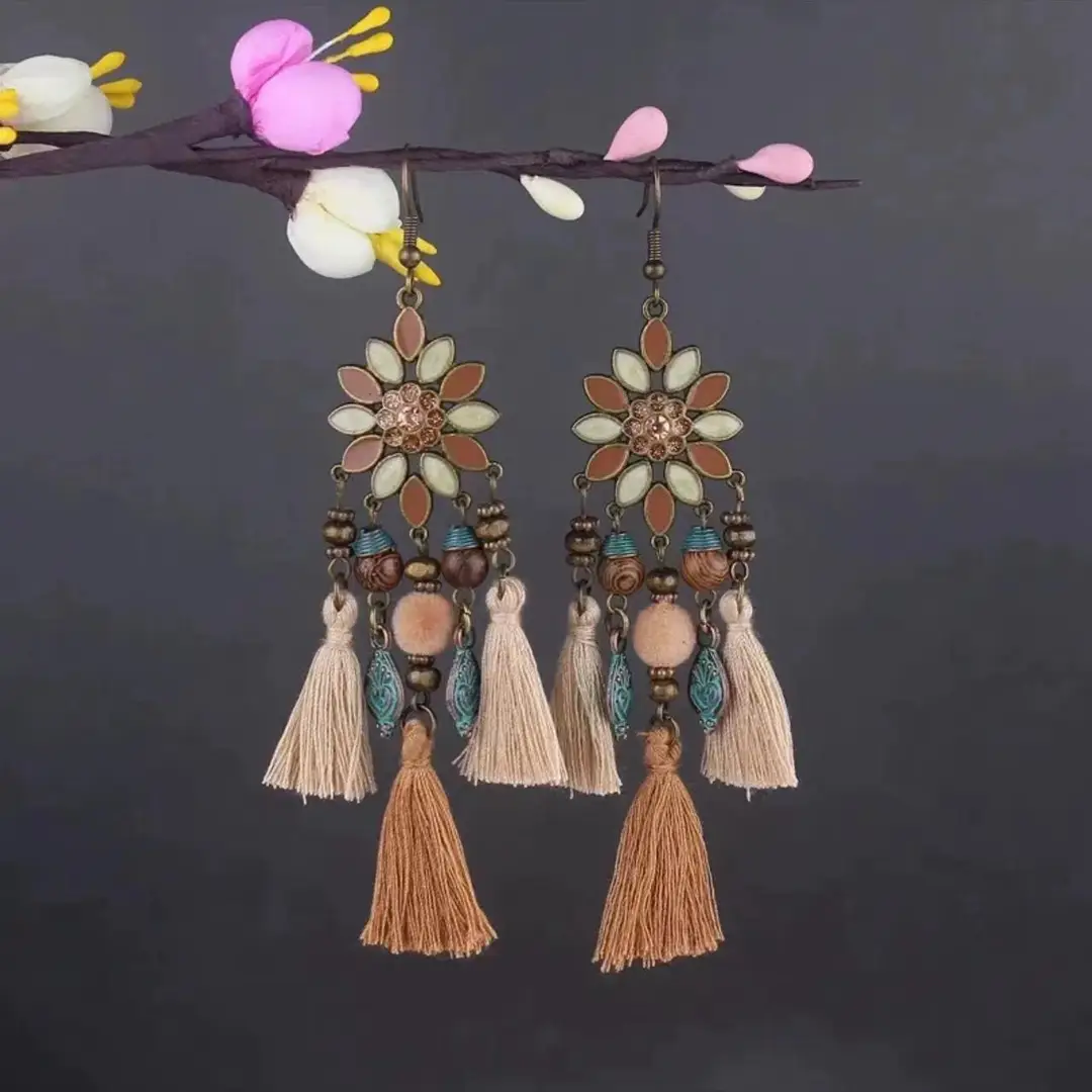 Bohemian Turquoise Earrings European and American Retro Owl Geometric Dreamcatcher Feather Tassel Earrings Women