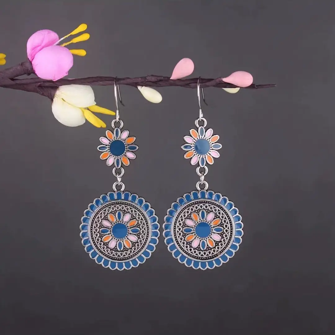 Bohemian Turquoise Earrings European and American Retro Owl Geometric Dreamcatcher Feather Tassel Earrings Women