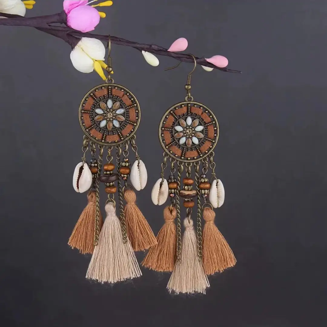 Bohemian Turquoise Earrings European and American Retro Owl Geometric Dreamcatcher Feather Tassel Earrings Women