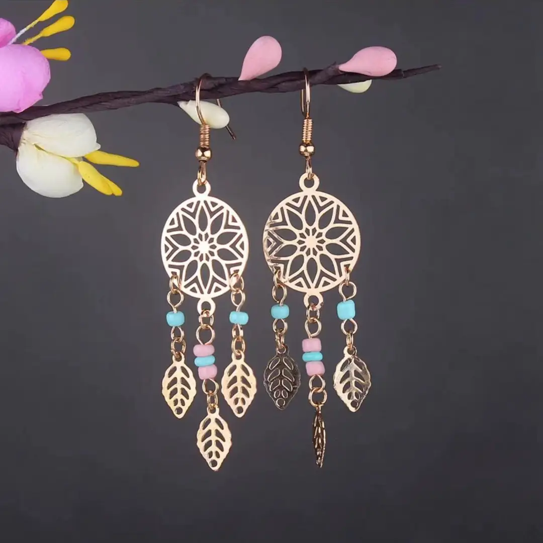 Bohemian Turquoise Earrings European and American Retro Owl Geometric Dreamcatcher Feather Tassel Earrings Women