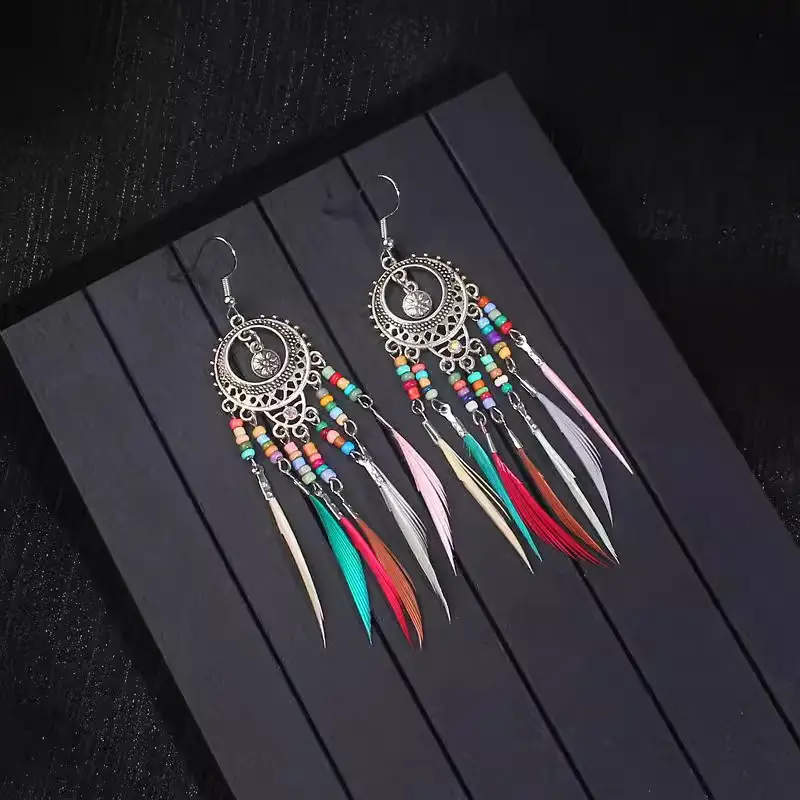 Bohemian Turquoise Earrings European and American Retro Owl Geometric Dreamcatcher Feather Tassel Earrings Women