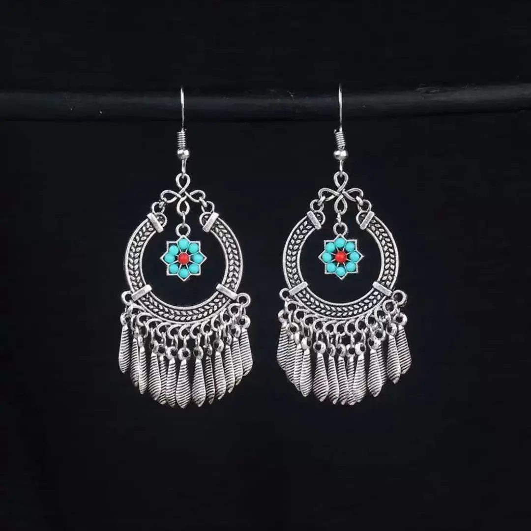 Bohemian Turquoise Earrings European and American Retro Owl Geometric Dreamcatcher Feather Tassel Earrings Women