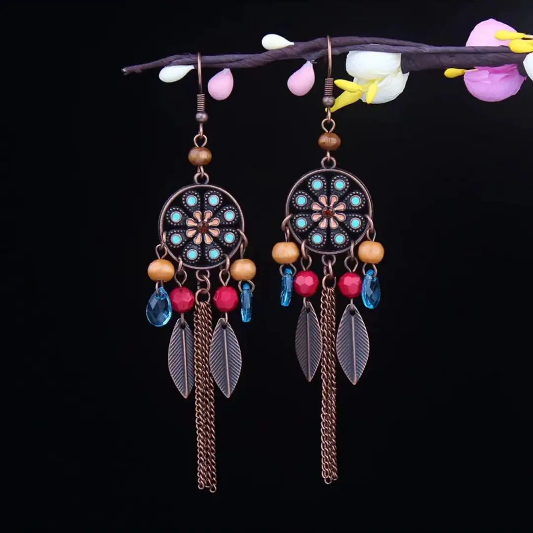 Bohemian Turquoise Earrings European and American Retro Owl Geometric Dreamcatcher Feather Tassel Earrings Women