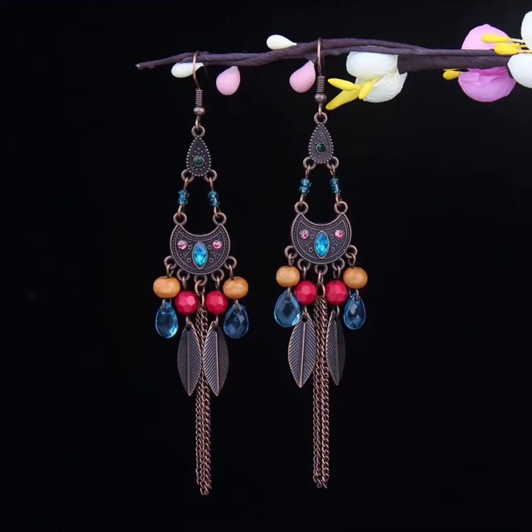 Bohemian Turquoise Earrings European and American Retro Owl Geometric Dreamcatcher Feather Tassel Earrings Women