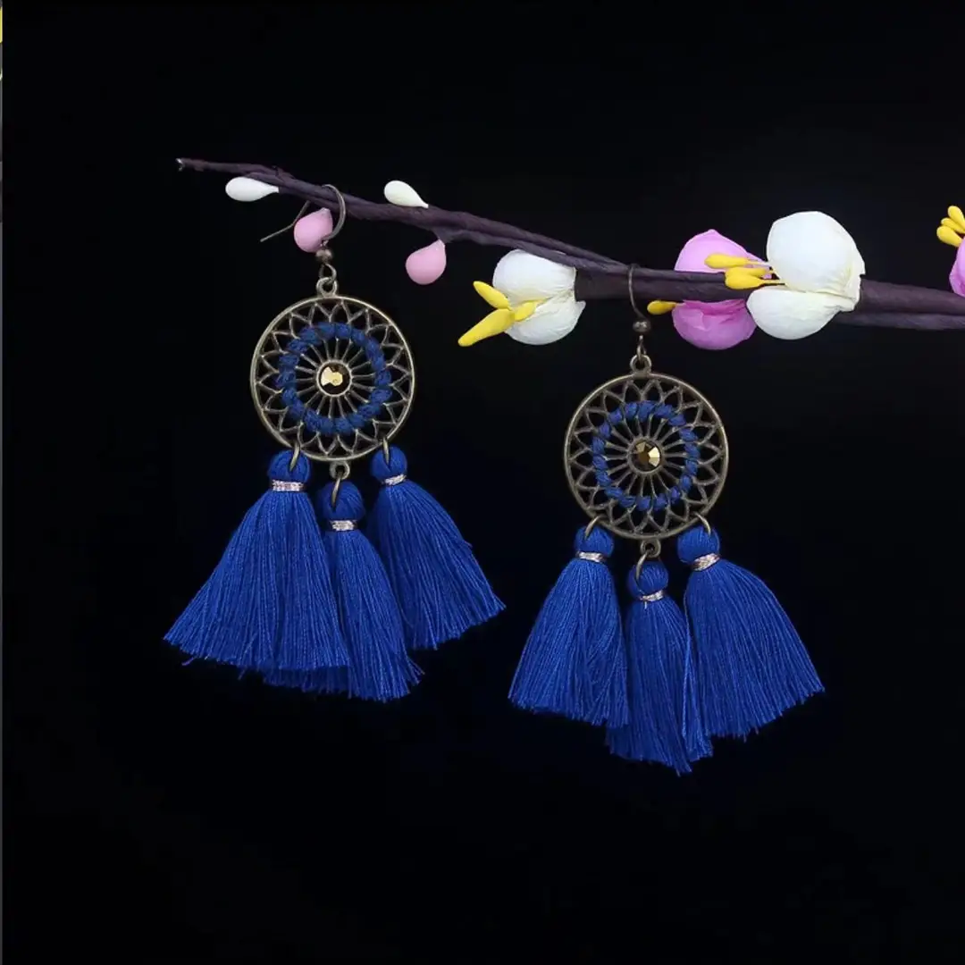 Bohemian Turquoise Earrings European and American Retro Owl Geometric Dreamcatcher Feather Tassel Earrings Women