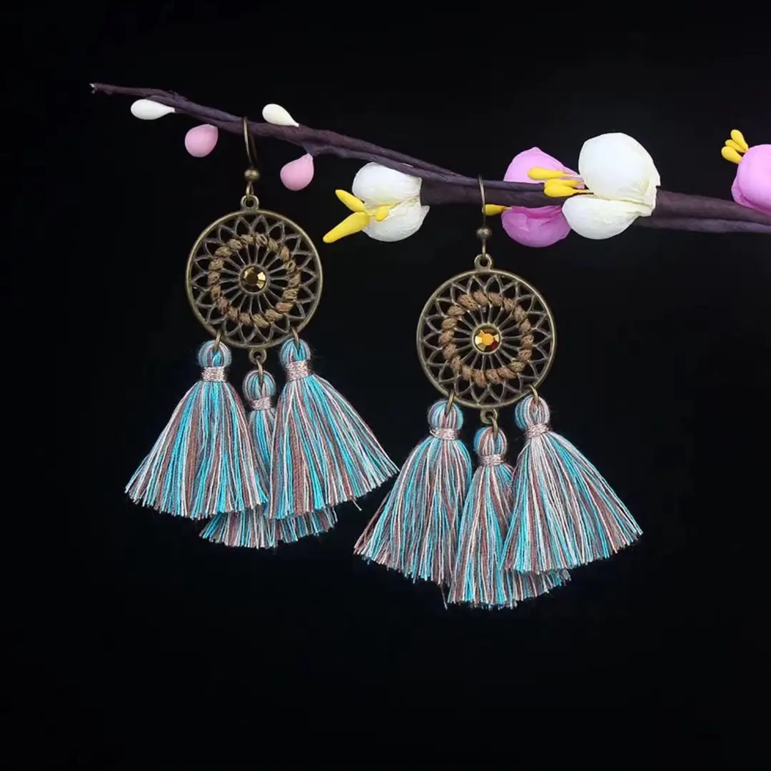 Bohemian Turquoise Earrings European and American Retro Owl Geometric Dreamcatcher Feather Tassel Earrings Women