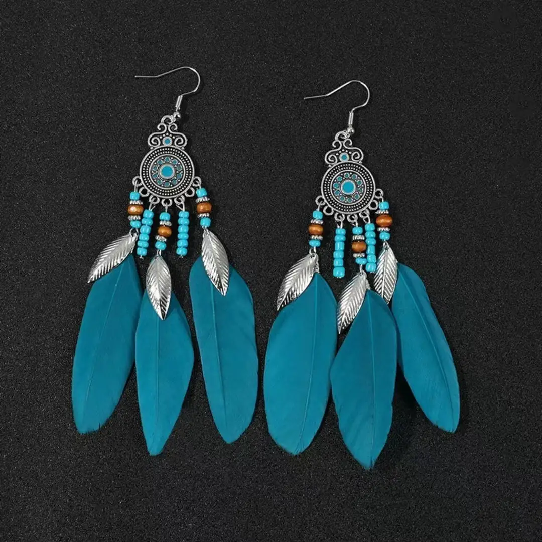 Bohemian Turquoise Earrings European and American Retro Owl Geometric Dreamcatcher Feather Tassel Earrings Women
