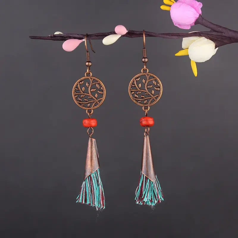 Bohemian Turquoise Earrings European and American Retro Owl Geometric Dreamcatcher Feather Tassel Earrings Women