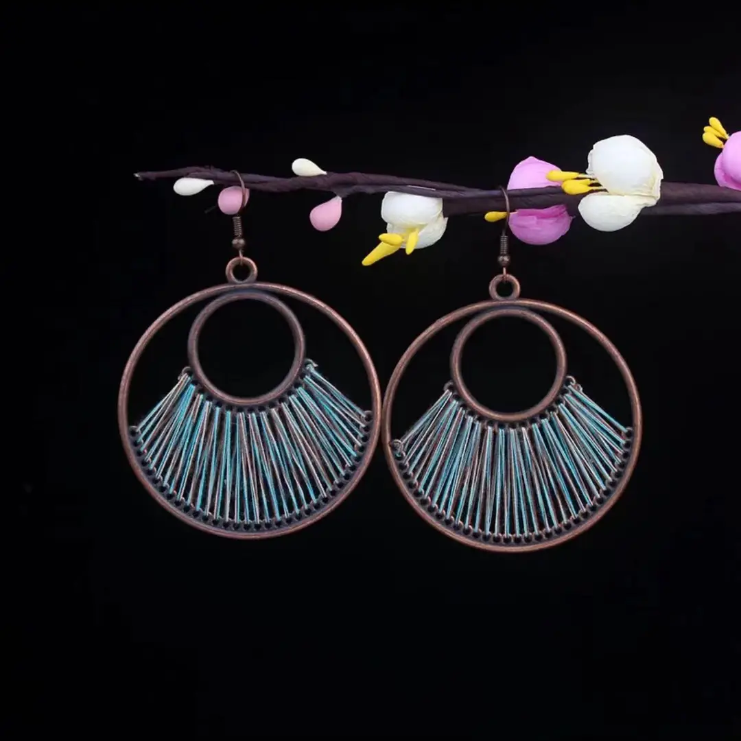 Bohemian Turquoise Earrings European and American Retro Owl Geometric Dreamcatcher Feather Tassel Earrings Women
