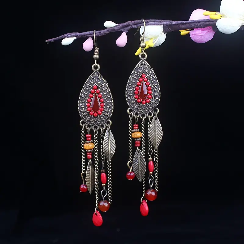 Bohemian Turquoise Earrings European and American Retro Owl Geometric Dreamcatcher Feather Tassel Earrings Women