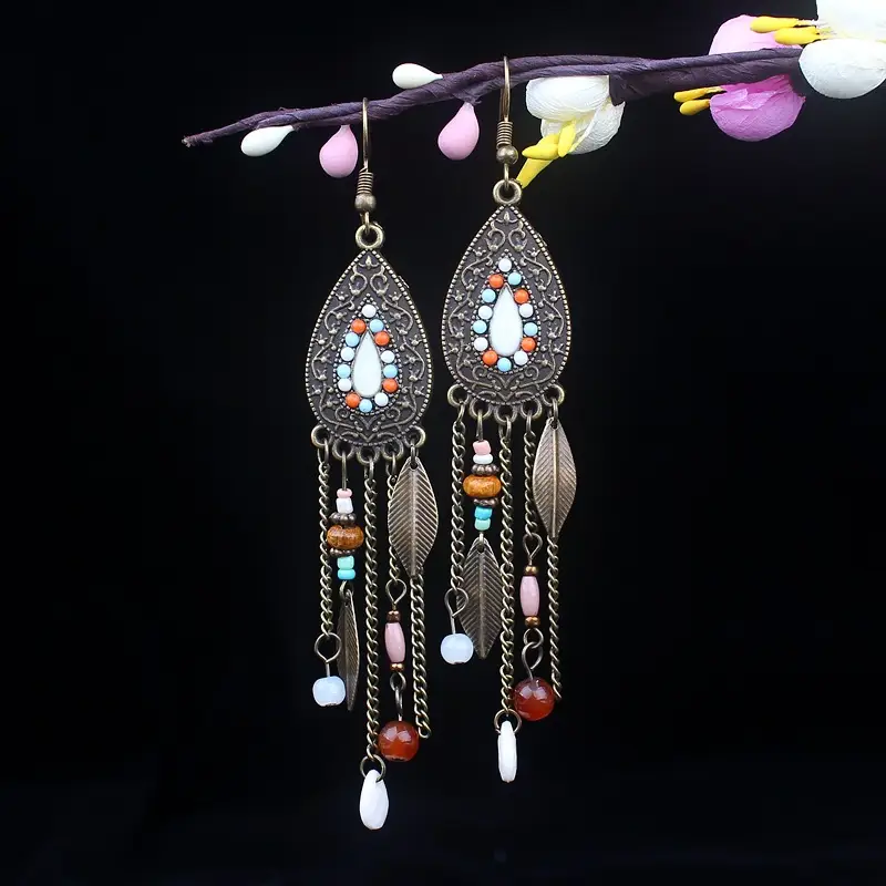 Bohemian Turquoise Earrings European and American Retro Owl Geometric Dreamcatcher Feather Tassel Earrings Women