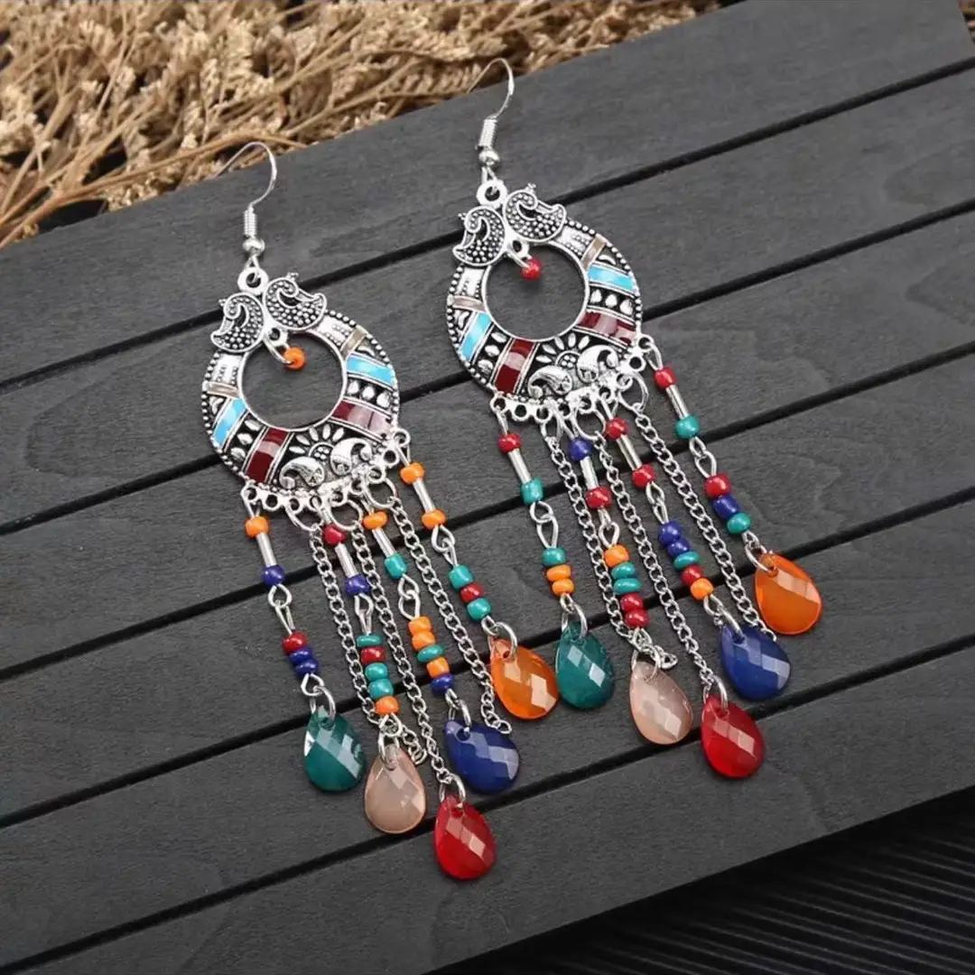 Bohemian Turquoise Earrings European and American Retro Owl Geometric Dreamcatcher Feather Tassel Earrings Women