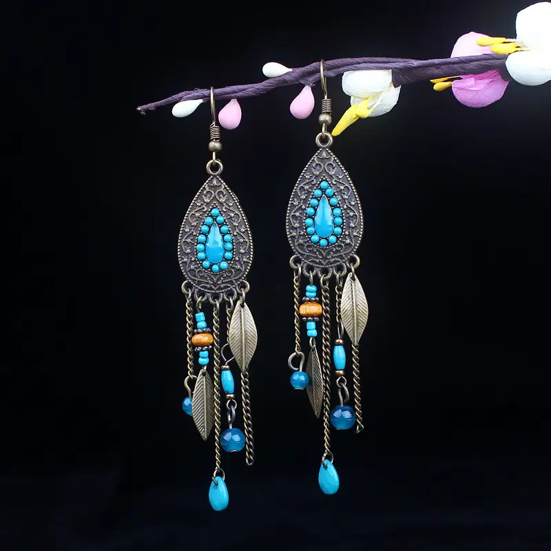 Bohemian Turquoise Earrings European and American Retro Owl Geometric Dreamcatcher Feather Tassel Earrings Women