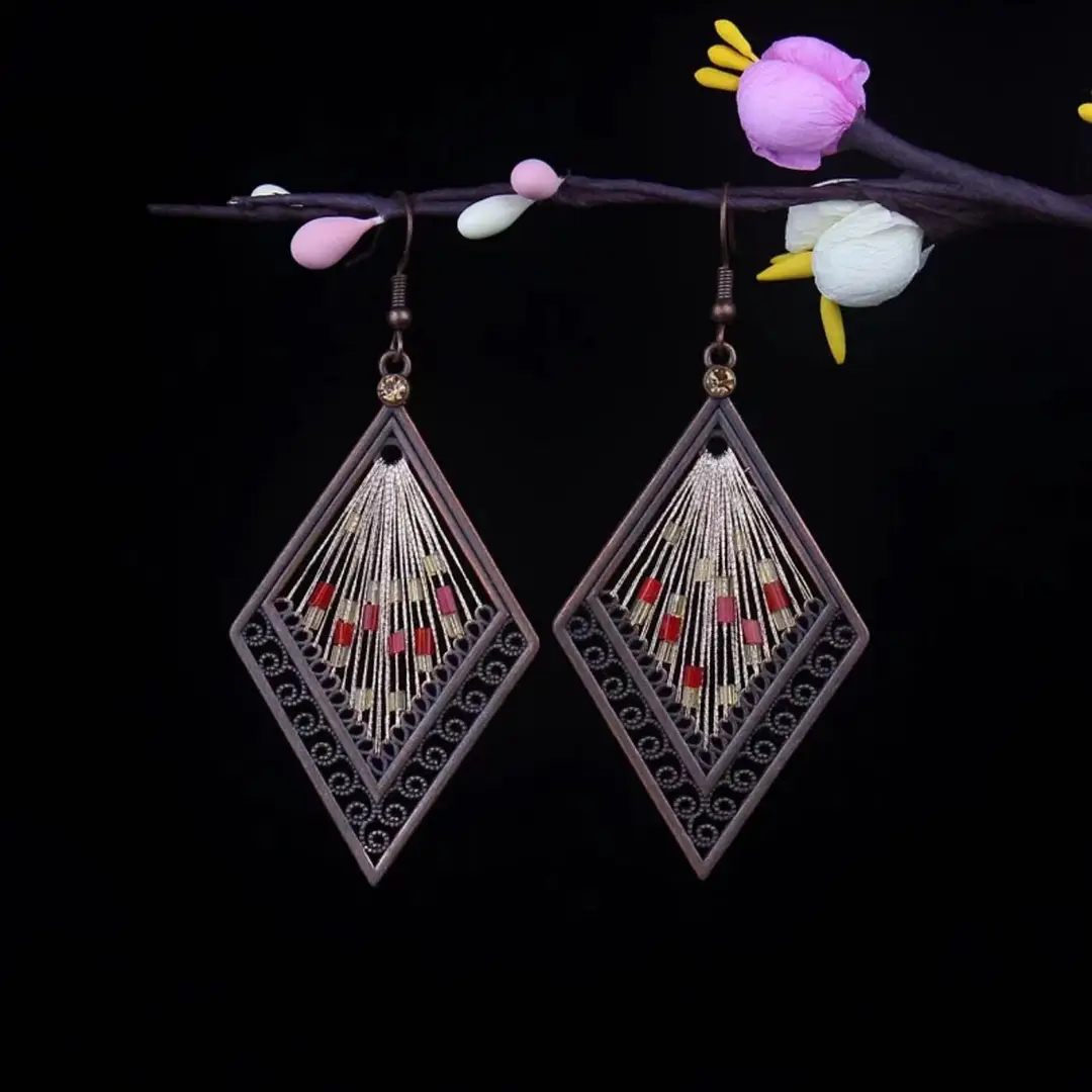 Bohemian Turquoise Earrings European and American Retro Owl Geometric Dreamcatcher Feather Tassel Earrings Women