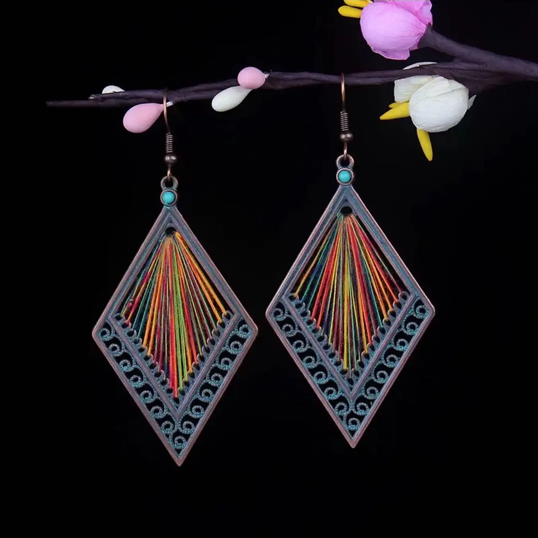 Bohemian Turquoise Earrings European and American Retro Owl Geometric Dreamcatcher Feather Tassel Earrings Women